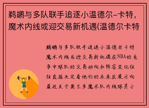 鹈鹕与多队联手追逐小温德尔-卡特，魔术内线或迎交易新机遇(温德尔卡特集锦)